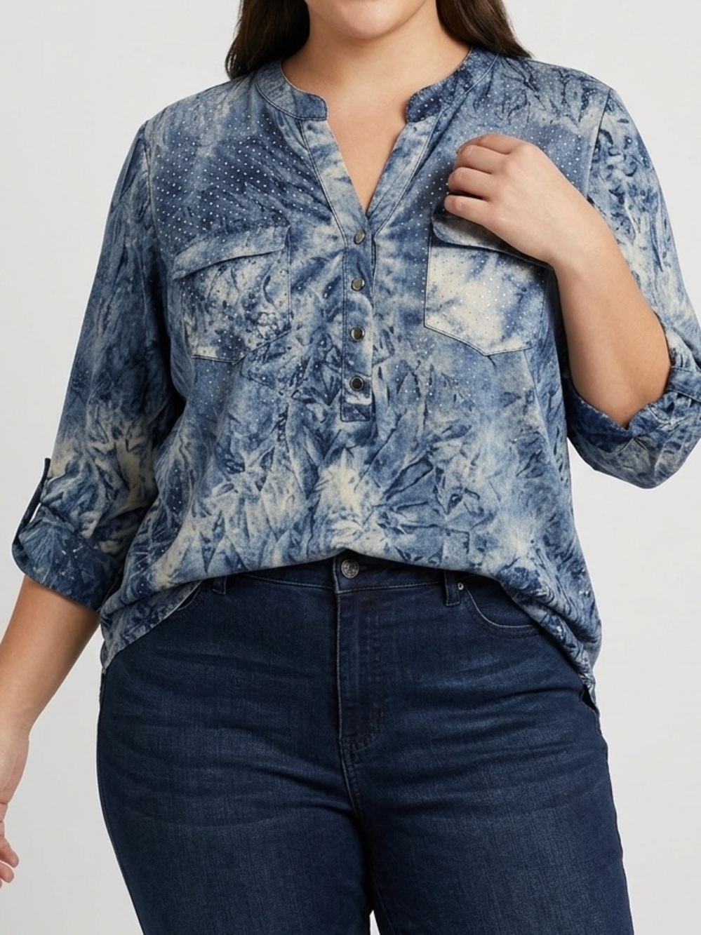Ava & Grace Blue Acid Wash Button-Up Blouse - Size 1X